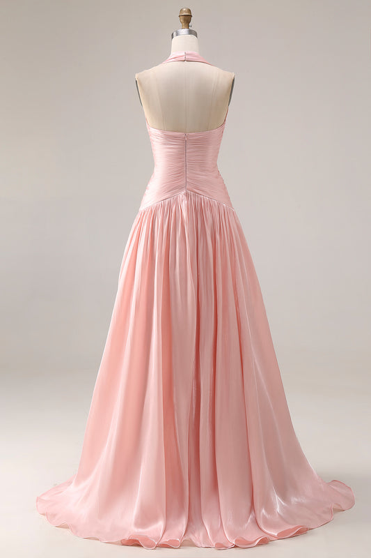 BIush Pink Satin Halter A Line Long Prom Dress with Slit