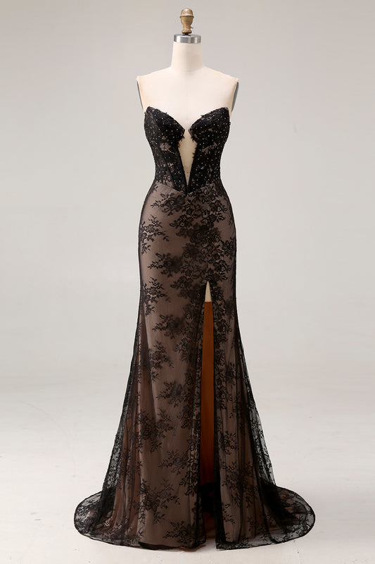 Sparkly Black Lace Floral Mermaid Long Corset Prom Dress with Keyhole