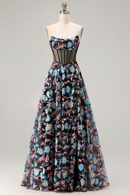 Floral Black A-Line Strapless Long Corset Prom Dress