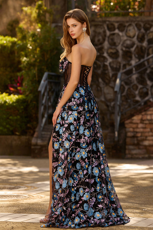 Black Floral Strapless A-Line Long Corset Prom Dress