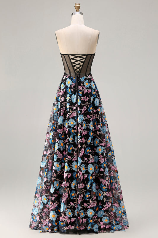 Floral Black A-Line Strapless Long Corset Prom Dress