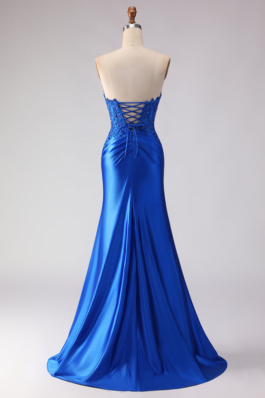 Royal Blue Satin Mermaid Beaded Long Prom Dress with Slit