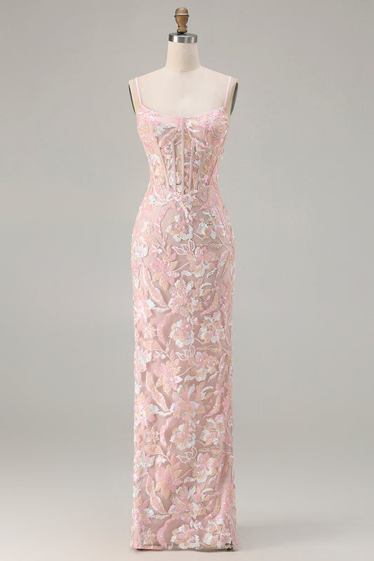 Sparkly Blush Floral Pink Sheath Sequin Spaghetti Straps Long Corset Prom Dress