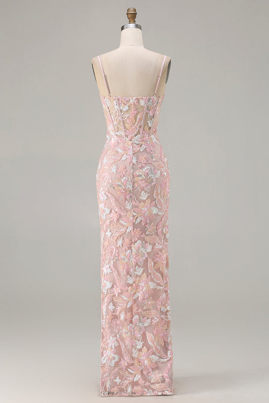 Sparkly Blush Floral Pink Sheath Sequin Spaghetti Straps Long Corset Prom Dress