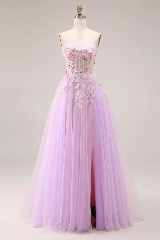 Floral Lilac Tulle Sweetheart A Line Long Corset Prom Dress with 3D Butterflies