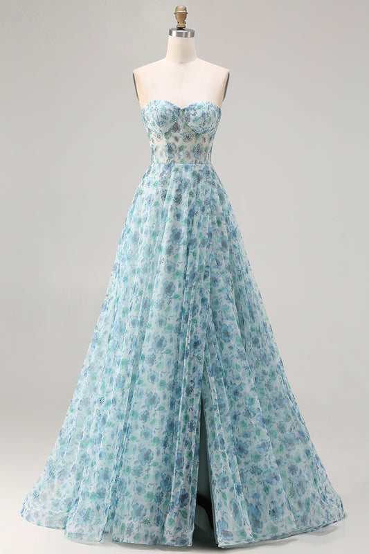 Sparkly Blue Floral Chiffon Beaded Long Corset Prom Dress with Slit