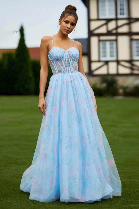 Floral Blue Spaghetti Straps A Line Long Corset Prom Dress with Slit