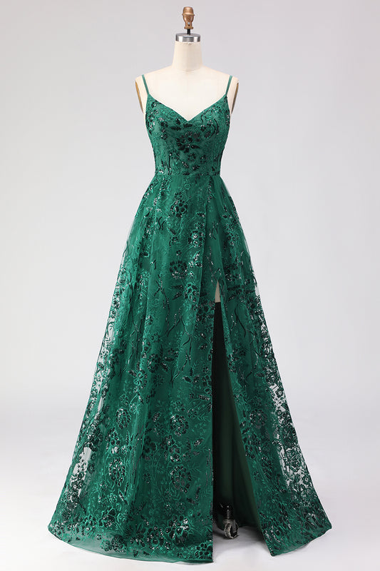 Sparkly Dark Green Floral Lace A Line Long Prom Dress with Slit