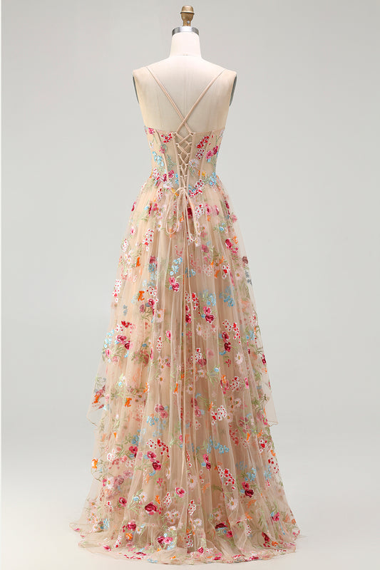 Sparkly Champagne Flowers Corset A-Line Long Prom Dress
