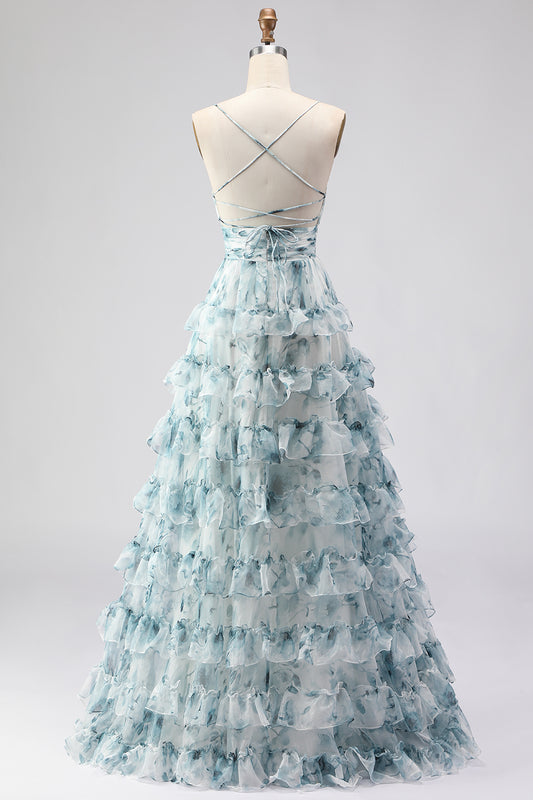 Blue Ruffled A-Line Tiered Long Prom Dress with Slit