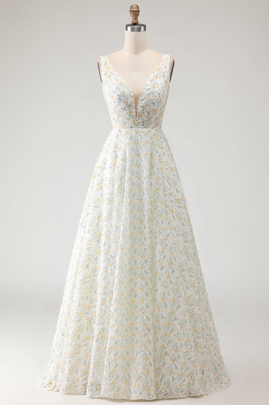 White and Yellow Floral A-Line Long Prom Dress