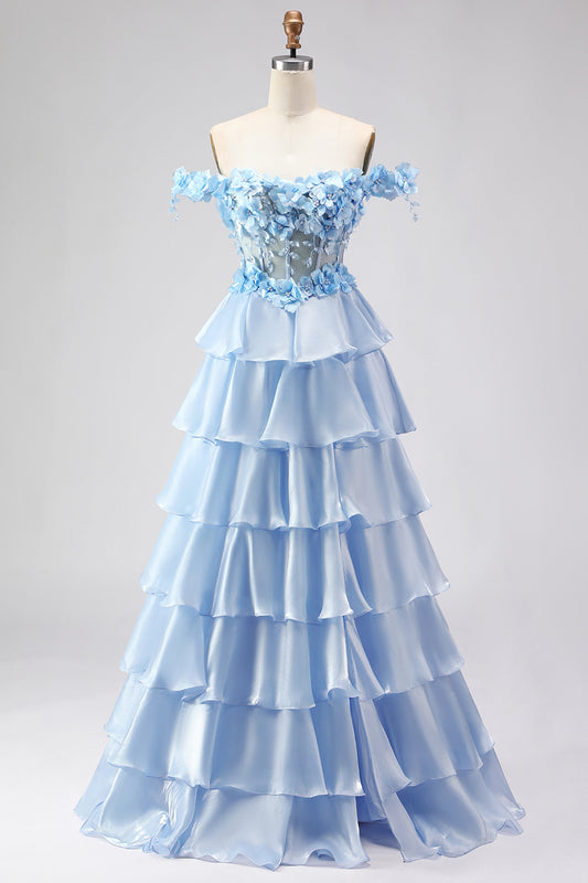 Floral Light Blue Tiered A-Line Long Corset Prom Dress with Ruffles