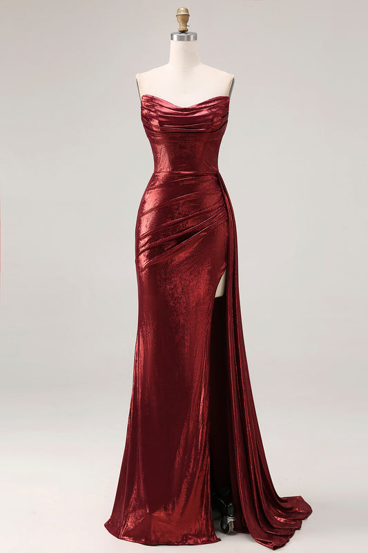 Sparkly Burgundy Metallic Strapless Mermaid Long Prom Dress with Slit