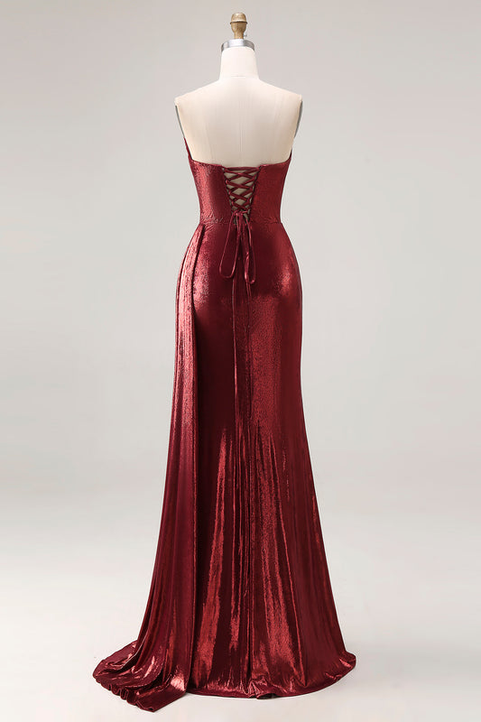 Sparkly Burgundy Metallic Strapless Mermaid Long Prom Dress with Slit