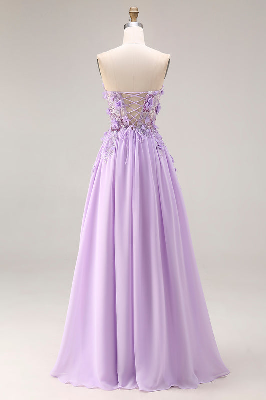 Floral Sparkly Sequin Lilac Strapless A Line Corset Long Prom Dress