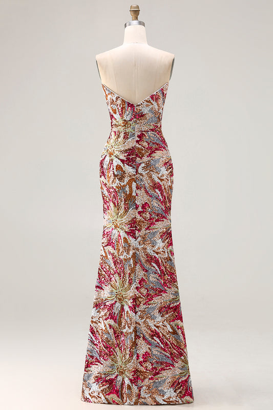 Sparkly Floral Fuchsia Sheath Sweetheart Long Prom Dress with Slit