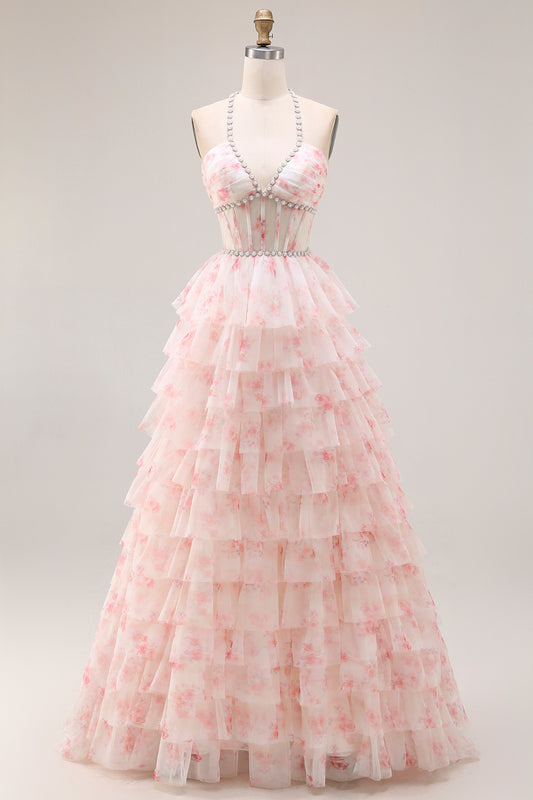 Candy Pink A Line Tiered Beaded Long Corset Prom Dress