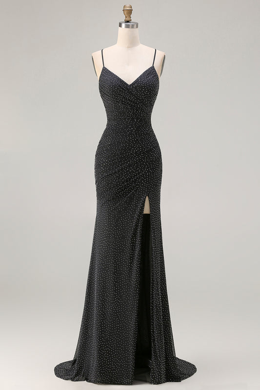 Black Polka Dots Mermaid Criss Cross Back Long Prom Dress with Slit