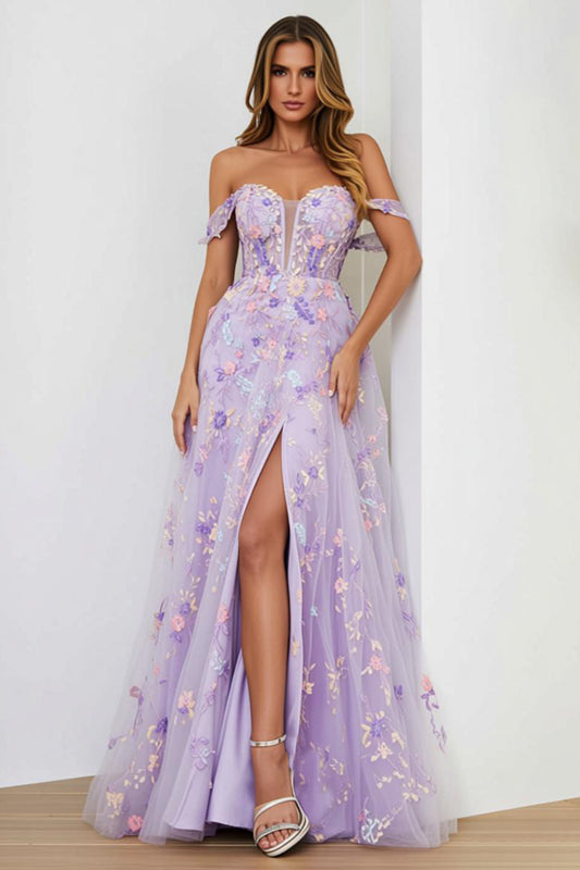 Lilac Corset Embroidered A Line Floral Long Prom Dress with Slit