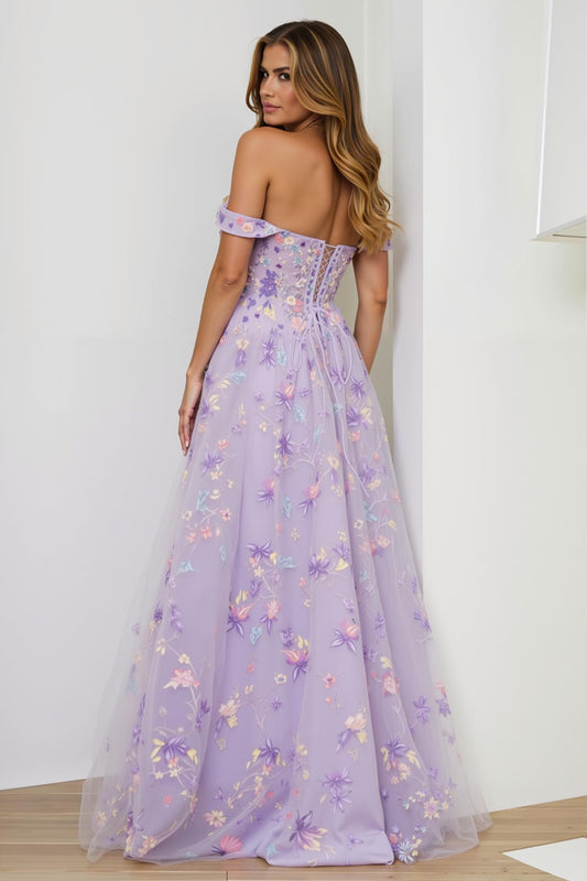 Lilac Corset Embroidered A Line Floral Long Prom Dress with Slit