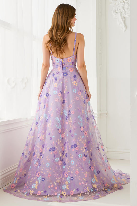 Lilac Floral A Line Embroidered V-Neck Long Prom Dress