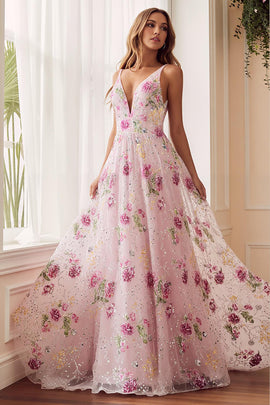 Sparkly Pink Embroidered Floral A Line V-Neck Long Prom Dress
