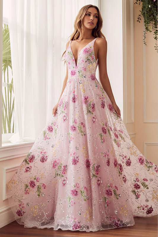 Sparkly Pink Embroidered Floral A Line V-Neck Long Prom Dress
