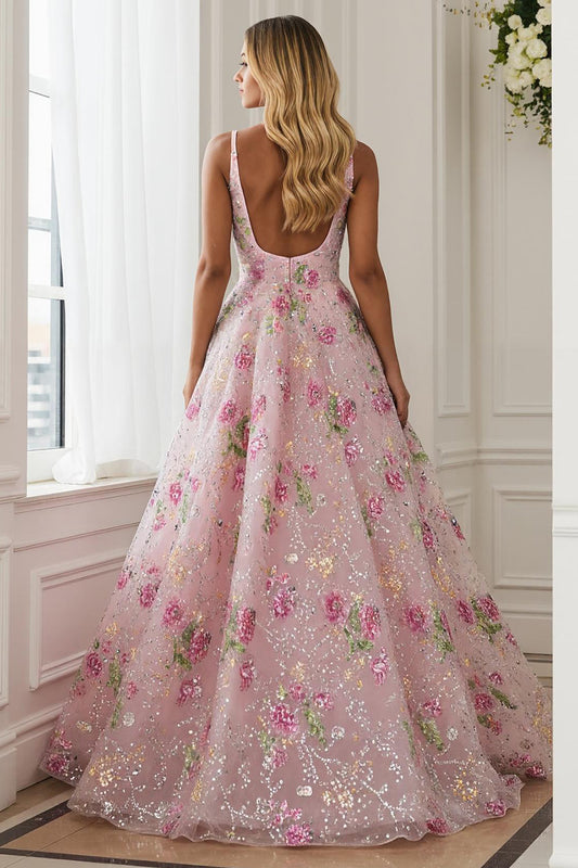 Sparkly Pink Embroidered Floral A Line V-Neck Long Prom Dress
