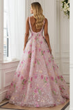 Sparkly Pink Embroidered Floral A Line V-Neck Long Prom Dress Sparkly Pink Embroidered Floral A Line V-Neck Long Prom Dress