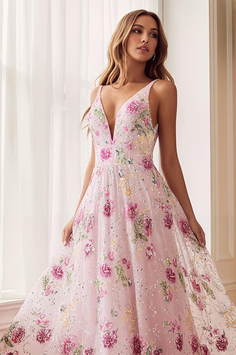 Sparkly Pink Embroidered Floral A Line V-Neck Long Prom Dress Sparkly Pink Embroidered Floral A Line V-Neck Long Prom Dress