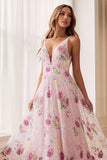 Sparkly Pink Embroidered Floral A Line V-Neck Long Prom Dress Sparkly Pink Embroidered Floral A Line V-Neck Long Prom Dress