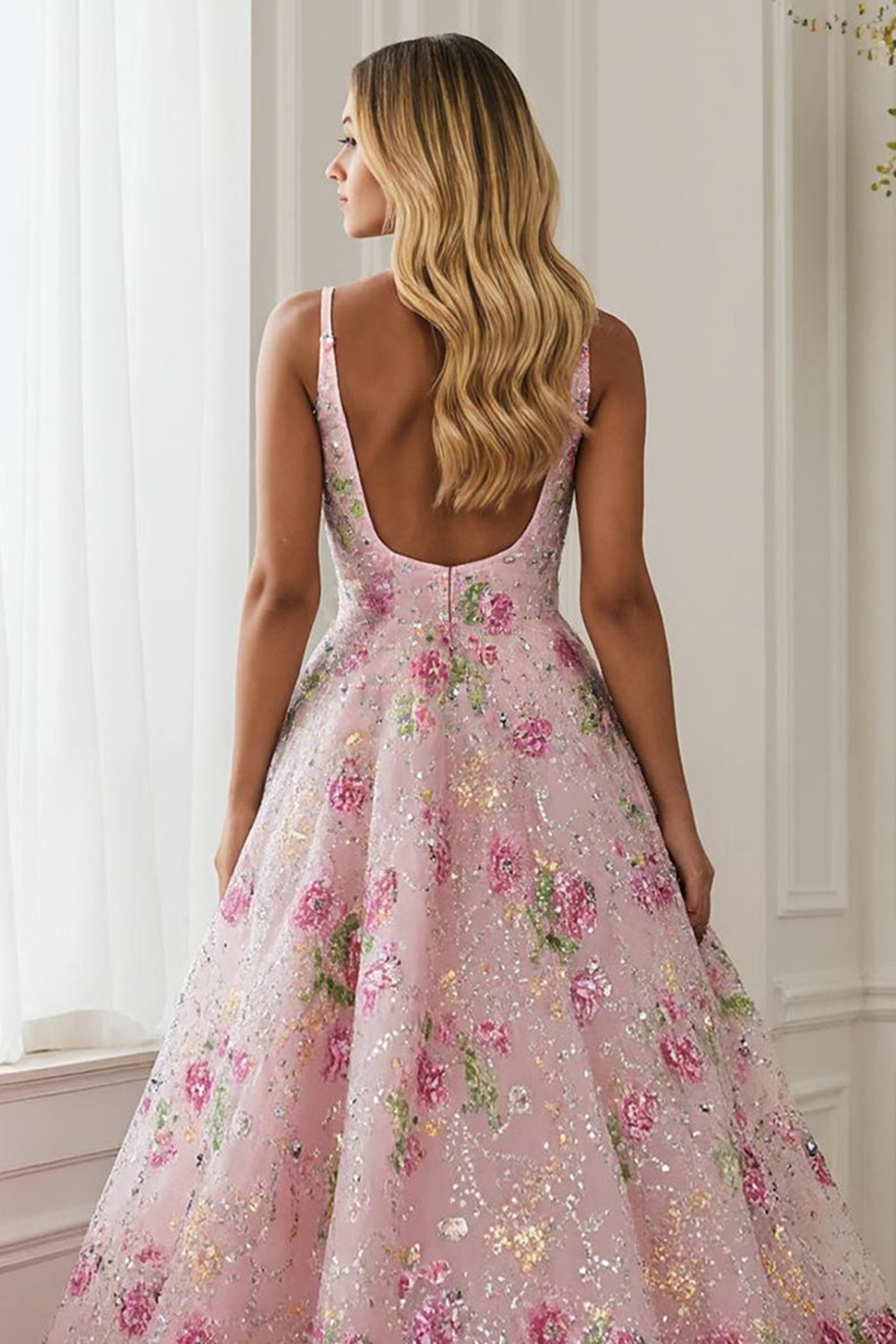 Sparkly Pink Embroidered Floral A Line V-Neck Long Prom Dress Sparkly Pink Embroidered Floral A Line V-Neck Long Prom Dress