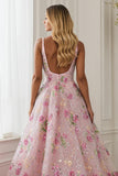 Sparkly Pink Embroidered Floral A Line V-Neck Long Prom Dress Sparkly Pink Embroidered Floral A Line V-Neck Long Prom Dress