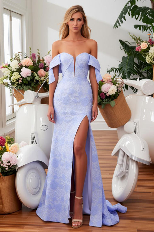 Blue Jacquard Mermaid Long Floral Prom Dress with Slit