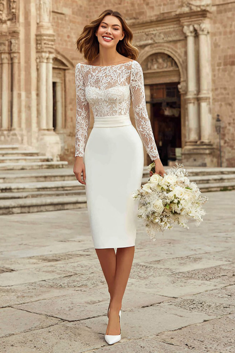 Zapakasa Women Ivory Lace Midi Wedding Dress with Sleeves Bateau Neck Bodycon Engagement Dress Zapakasa Women Ivory Lace Midi Wedding Dress with Sleeves Bateau Neck Bodycon Engagement Dress