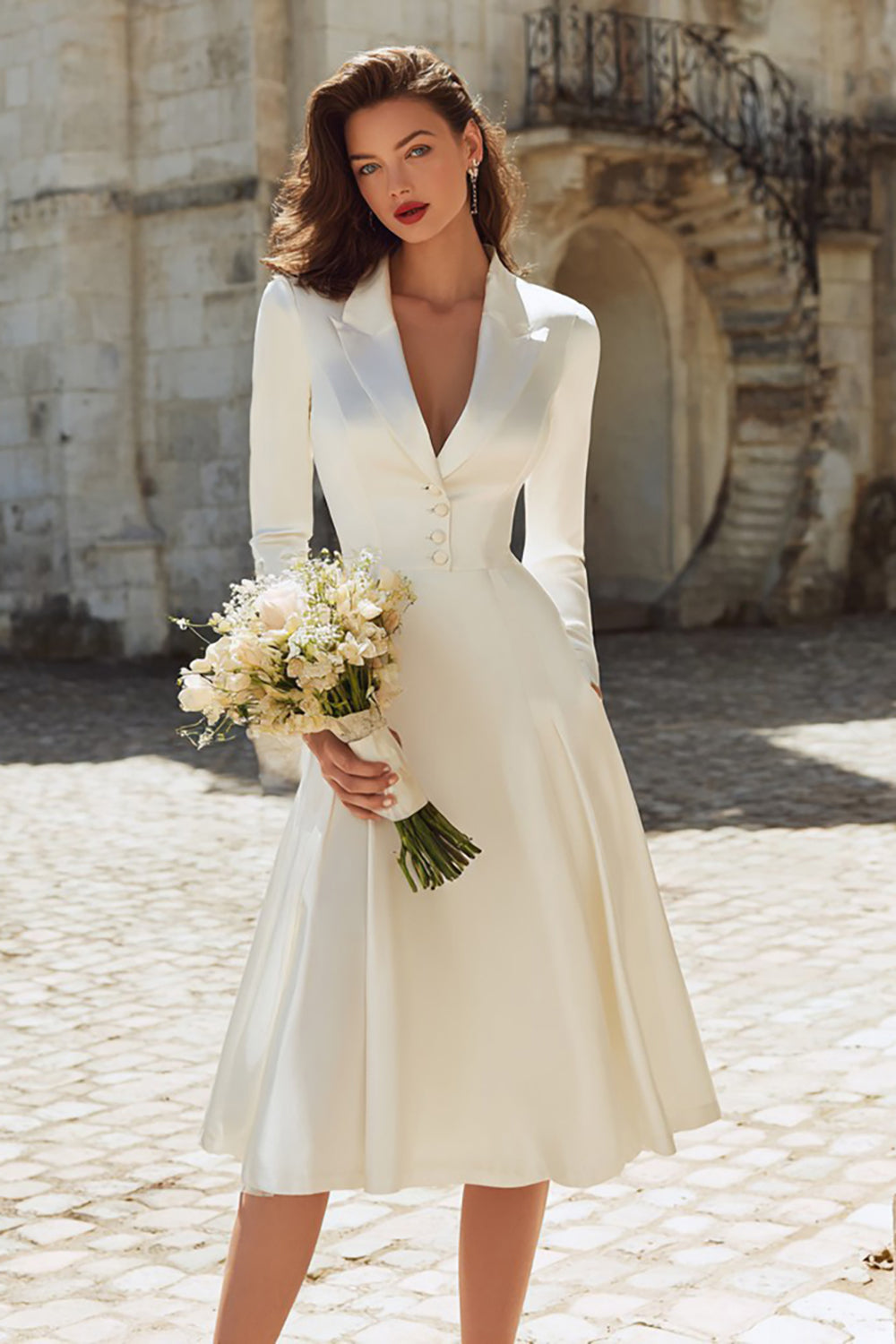 Zapakasa Ivory Peak Lapel Midi Engagement Blazer Dress with Sleeves Satin A Line Bridal Dress with Buttons Zapakasa Ivory Peak Lapel Midi Engagement Blazer Dress with Sleeves Satin A Line Bridal Dress with Buttons