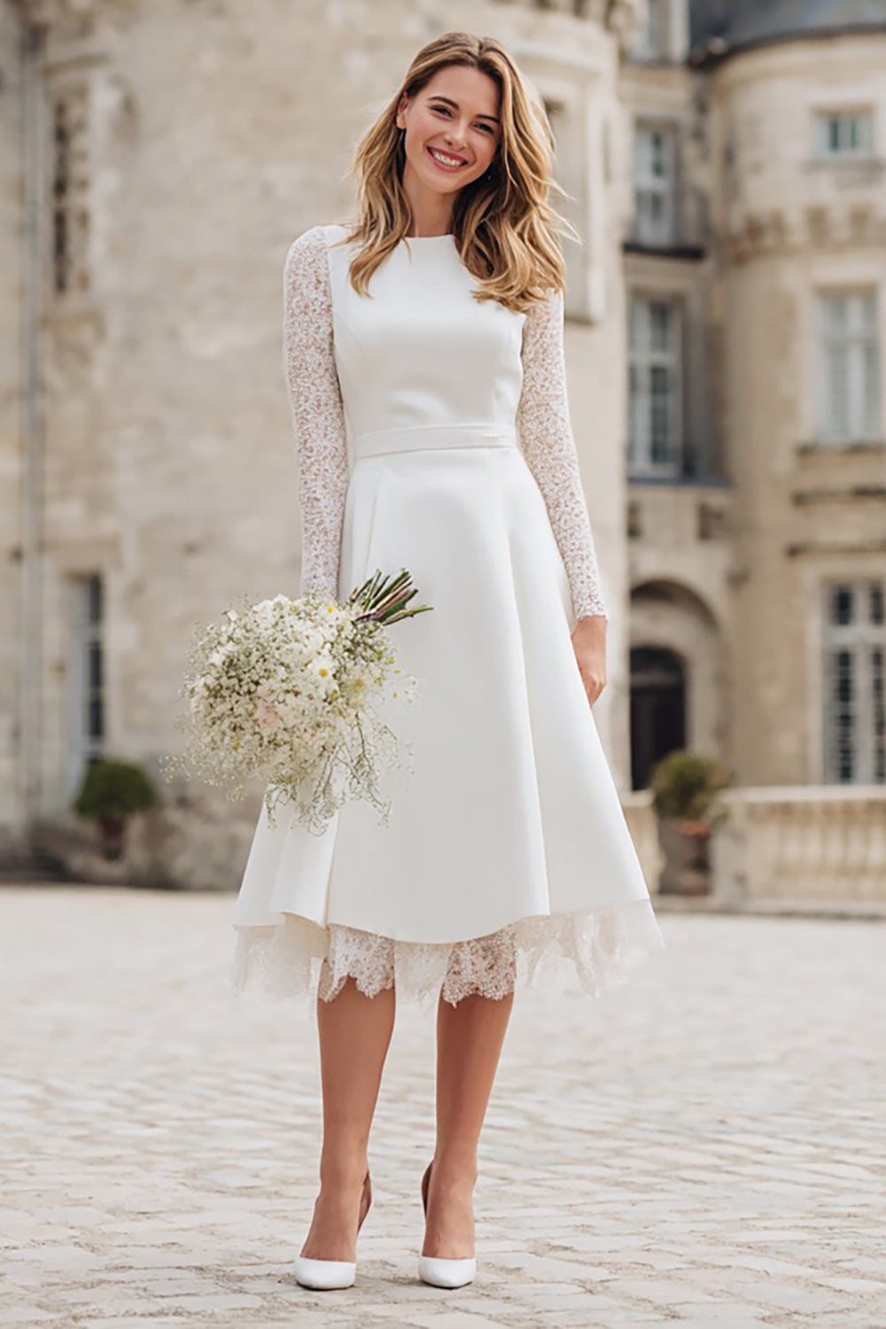 Zapakasa Women Ivory Backless Midi Engagement Dress with Lace A Line Bateau Neck Bridal Shower Dress with Sleeves Zapakasa Women Ivory Backless Midi Engagement Dress with Lace A Line Bateau Neck Bridal Shower Dress with Sleeves
