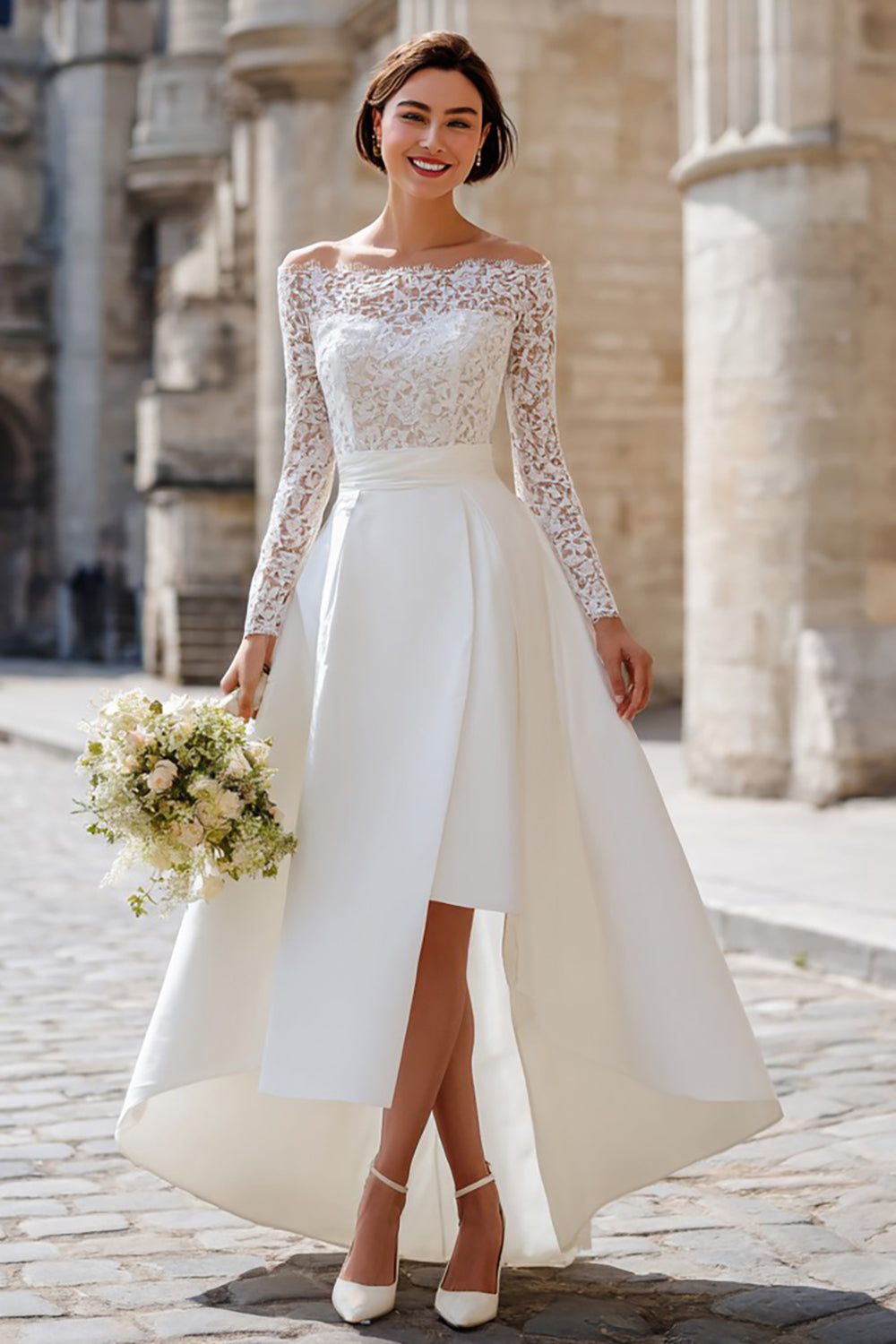 ivory high low wedding dress Dressystars Women Ivory High Low Wedding Dress Long Sleeves V Neck Bridal Dress