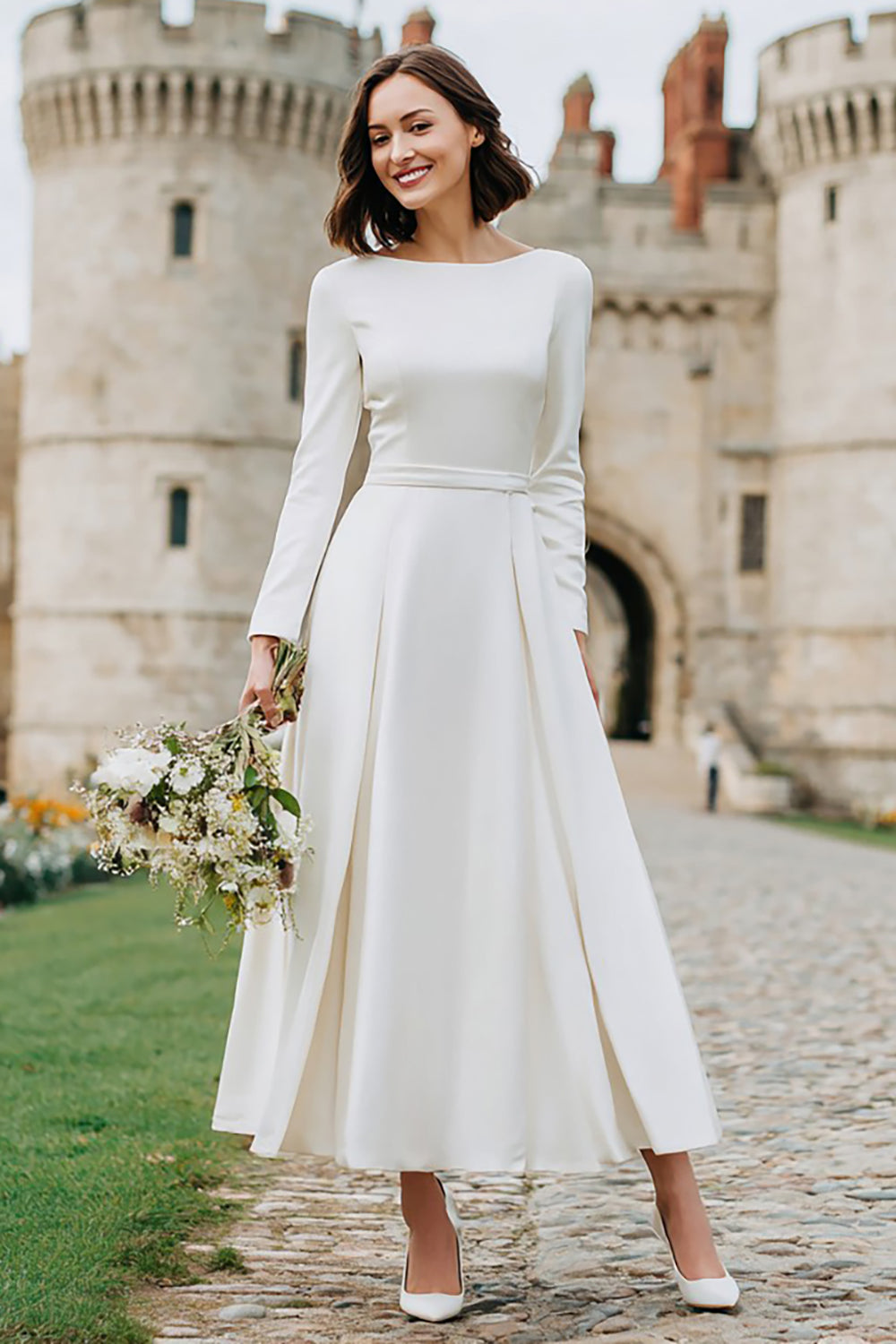 Zapakasa Women Ivory Satin Long Engagement Dress Boat Neck A Line Wedding Reception Dress with Sleeves Zapakasa Women Ivory Satin Long Engagement Dress Boat Neck A Line Wedding Reception Dress with Sleeves