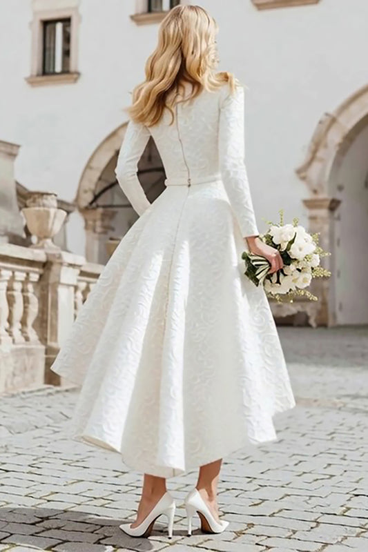 Ivory A Line Boat Neck High-Low Engagement Dress with Pockets