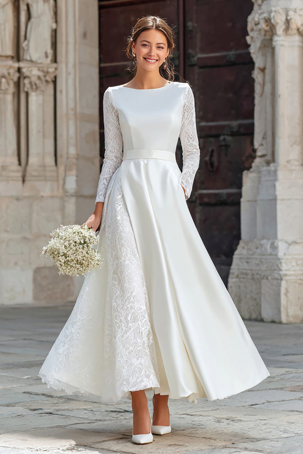 Zapakasa Women Ivory Satin Long Sleeves Engagement Dress with Pockets A Line Boat Neck Bridal Dress with Lace Zapakasa Women Ivory Satin Long Sleeves Engagement Dress with Pockets A Line Boat Neck Bridal Dress with Lace