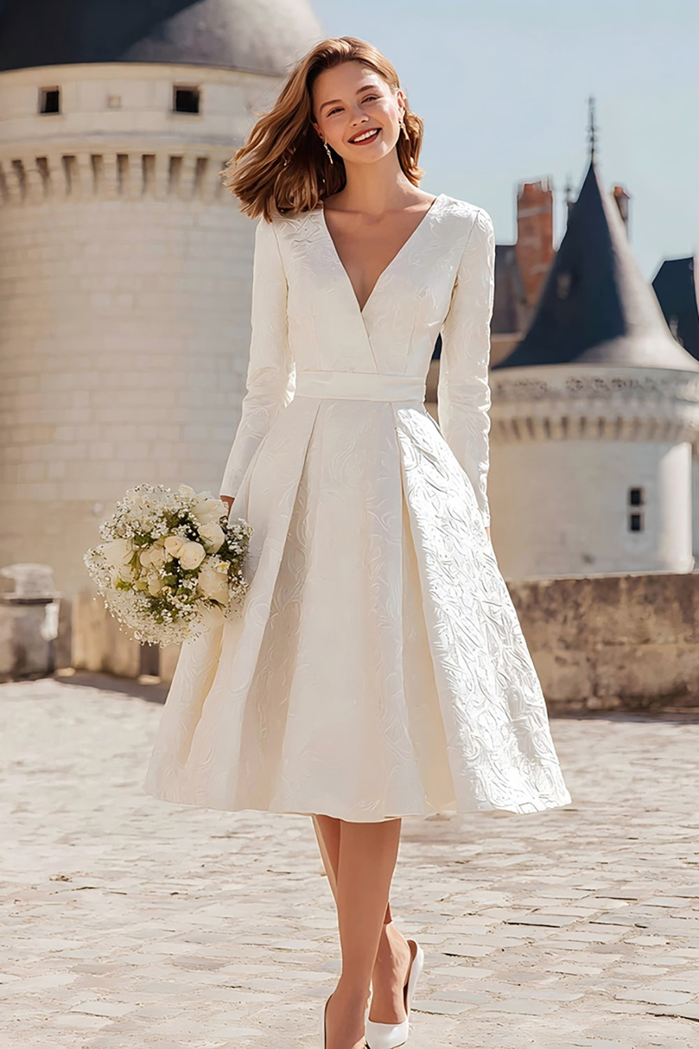 Zapakasa Women Simple Ivory Midi Engagement Dress with Sleeves A Line V
