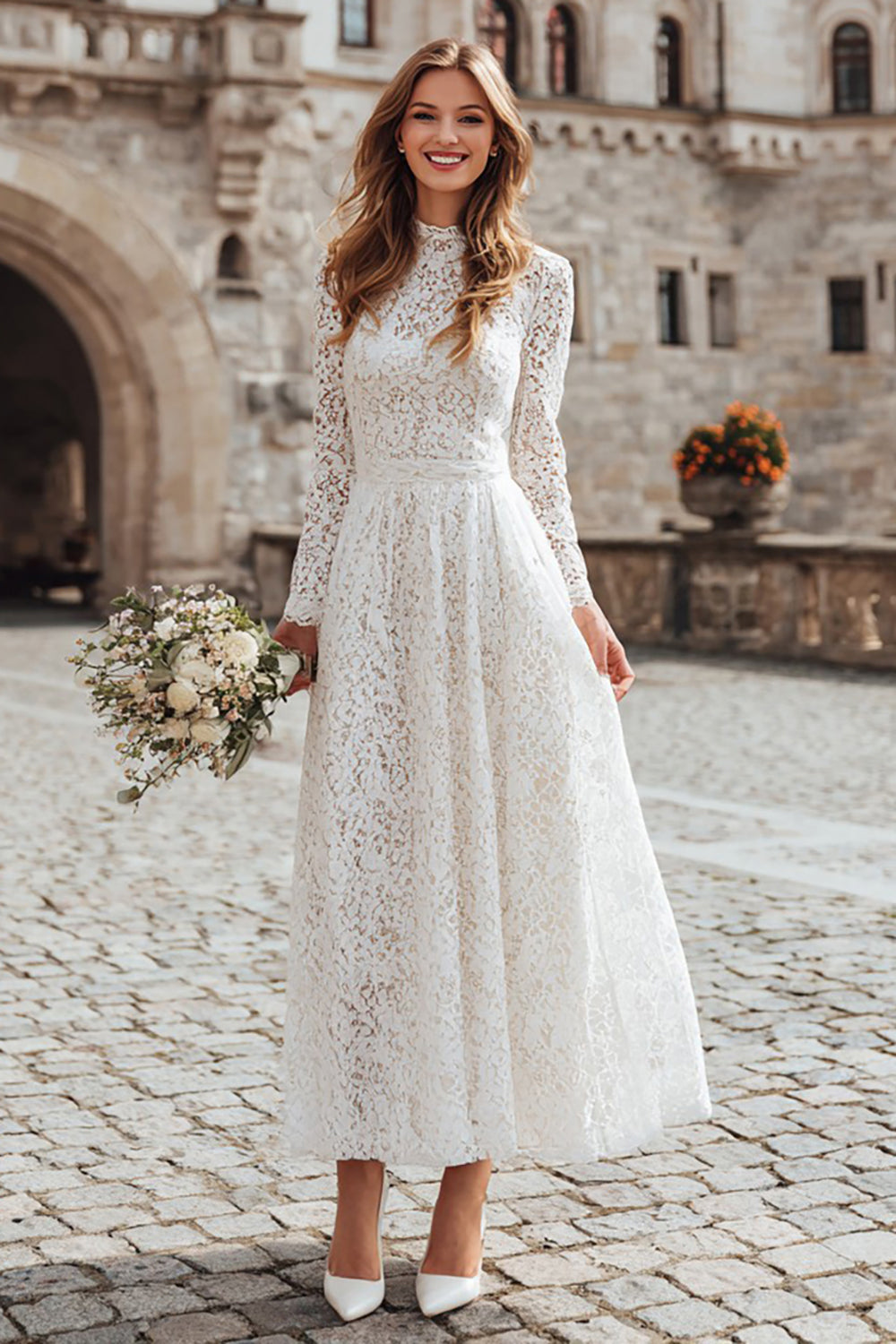 Zapakasa Women Ivory Lace Long Wedding Dress A Line Long Sleeves High Neck Engagement Dress Zapakasa Women Ivory Lace Long Wedding Dress A Line Long Sleeves High Neck Engagement Dress