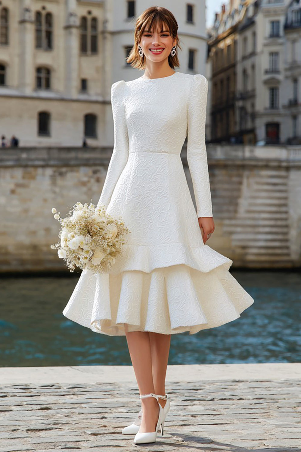 Zapakasa Women Ivory Tiered Midi Bridal Dress with Ruffles A Line Long Sleeves Engagement Dress Zapakasa Women Ivory Tiered Midi Bridal Dress with Ruffles A Line Long Sleeves Engagement Dress