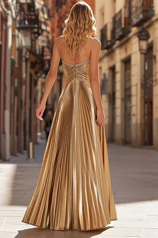 Sparkly Gold Beaded Pleated Strapless Long Prom Dress