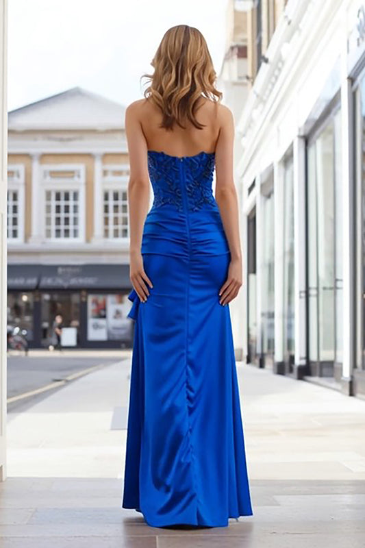 Royal Blue Appliqued Strapless Long Prom Dress with Slit