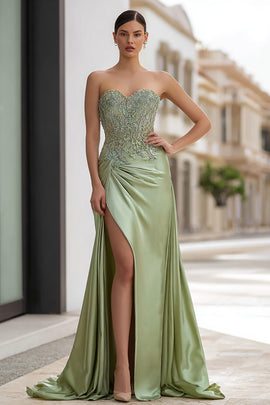 Sage Green Satin Appliqued Strapless Long Prom Dress with Slit