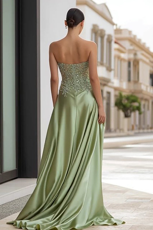 Sage Green Satin Appliqued Strapless Long Prom Dress with Slit
