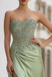 Sage Green Satin Appliqued Strapless Long Prom Dress with Slit Sage Green Satin Appliqued Strapless Long Prom Dress with Slit