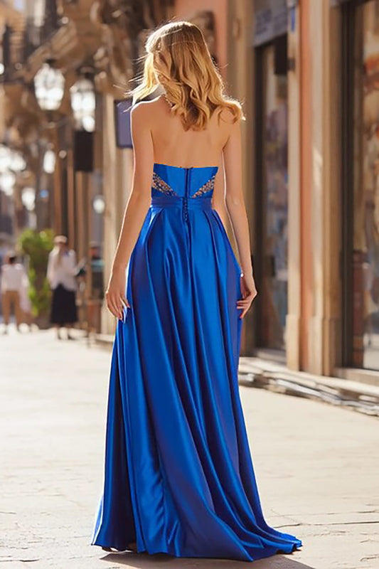Sparkly Royal Blue Beaded Strapless Long Prom Dress with Slit